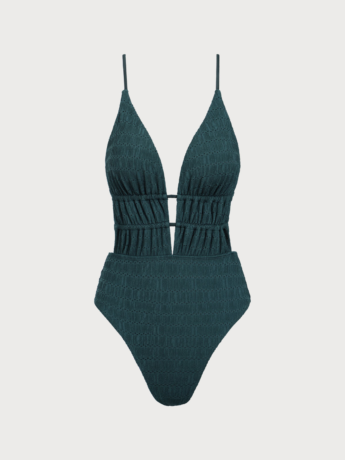 Dark Green Textured Plunge One-Piece Swimsuit by khatistore.com